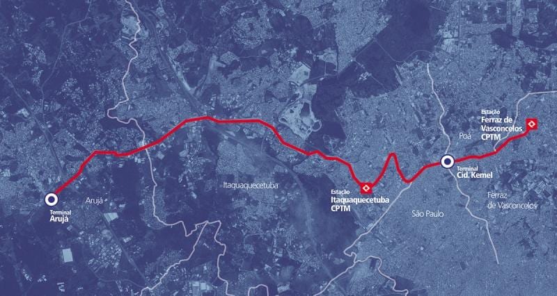 Térkép corredor BRT metropolitano Perimetral Alto Tietê