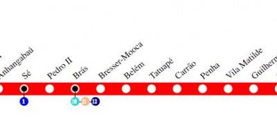 Térkép São Paulo - igen, a metró 3-as Vonal - Piros